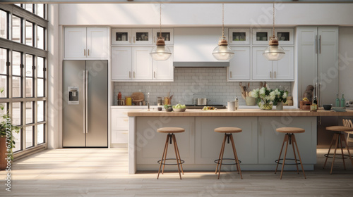 A modern kitchen has a sleek island and white subway tile photo