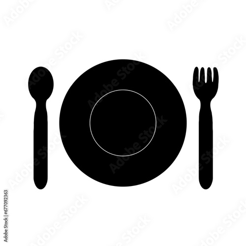 black spoon and fork with plate restaurant dine in dinner food cutlery kitchen dinner utensil meal icon isolated on white transparent background