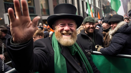 Senior man wearing green clothes participating in Saint Patrick's Day parade in Irish town.