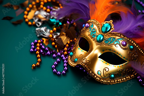 picture of a golden colorful carnival mask decorated with shiny orange green and purple jewelry and feathers with a green background, carnival theme, copy space © Javier