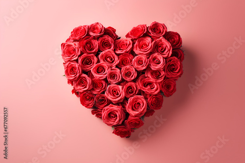 picture of a heart made with red roses on a pink background, love is in the air, Valentines theme, horizontal