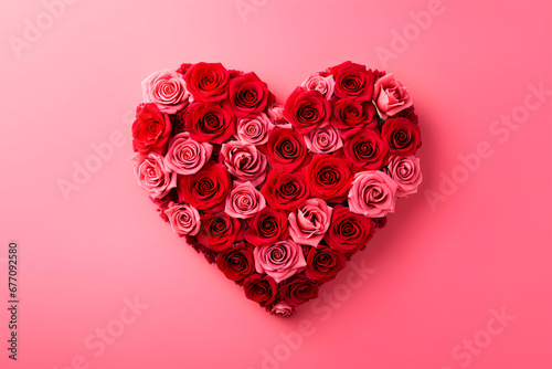 image of a heart made with red and pink roses on a pink background, love is in the air, Valentines theme, horizontal