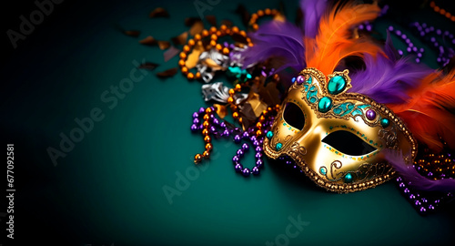 panoramic picture of a golden colorful carnival mask decorated with shiny orange green and purple jewelry and with purple and orange feathers with a green background, carnival theme, copy space