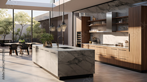 A modern kitchen is equipped with high-end appliances and a large island with a granite countertop