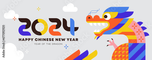 Chinese New Year 2024 banner  Year of the dragon. Chinese zodiac dragon in geometric flat modern style.