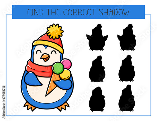 Find the correct shadow game with penguin with ice cream. Educational game for children. Cute cartoon penguin. Shadow matching game. Vector illustration.