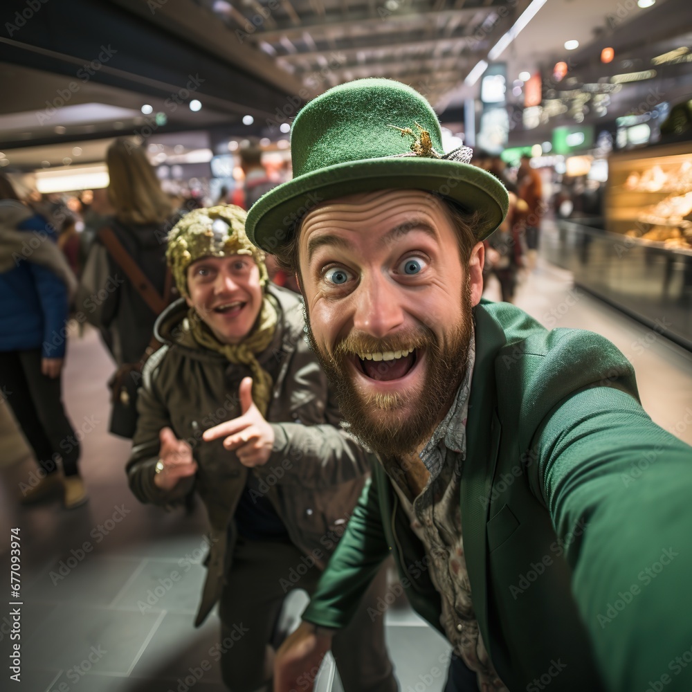 Fototapeta premium Bizarre selfie with a caucasian leprechaun celebrating St Patrick Day.