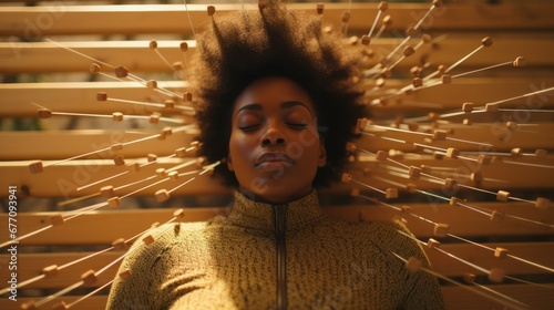 African American Woman Experiencing Pain Relief with Acupuncture on Prickly Mat photo