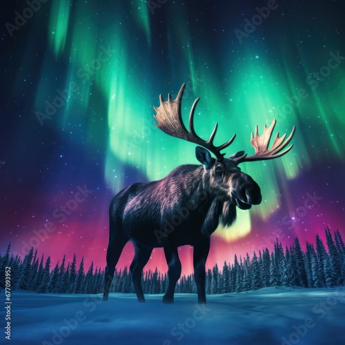 Alaskan Moose  Northern Lights  and Wild Animals in Mountainous Terrain