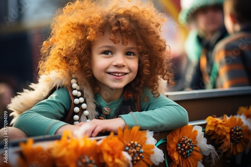 Cheerful ginger girl wearing green clothes participating in Saint Patrick's Day parade in Irish town.