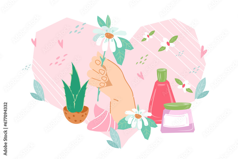 Banner on taking care of hands and achieving beautiful skin. Cosmetics hand and nail skin care banner or label template for advertising packages and treatments, flat vector illustration on white backg