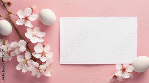 Empty White Postcard on Feminine Neutral Warm Backdrop with  flowers and  Eggs  © Klay