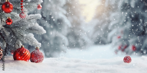 A Festive Christmas Tree Adorned With Red Balls and Knitted Toys in a Snow-Covered Forest Amidst Snowfall Banner Format with Ample Copy Space Winter Wonderland Delight