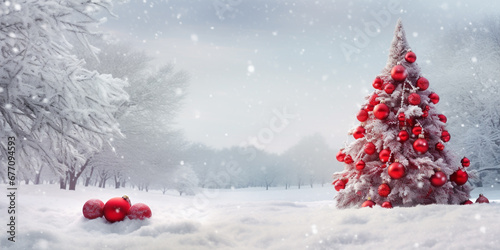 A Festive Christmas Tree Adorned With Red Balls and Knitted Toys in a Snow-Covered Forest Amidst Snowfall Banner Format with Ample Copy Space Winter Wonderland Delight © Asiri