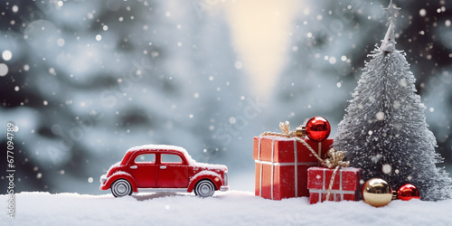 Toy Car Delivering Festive Surprises in a Snowy Park Winter Wonderland Delight 