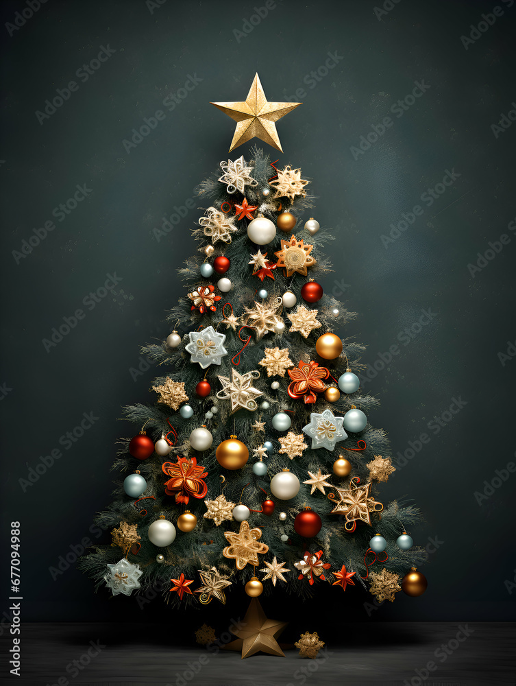 Illustration of a festive Christmas tree adorned with ornaments and gifts on dark background. Illustration of a festive Christmas tree adorned with ornaments and gifts on dark background.