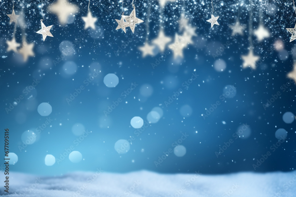 Winter Wonderland: Christmas Toys, Stars, and Snowflakes Adorning a Beautiful Blue Evening Sky A Perfect Festive Background with Copy Space