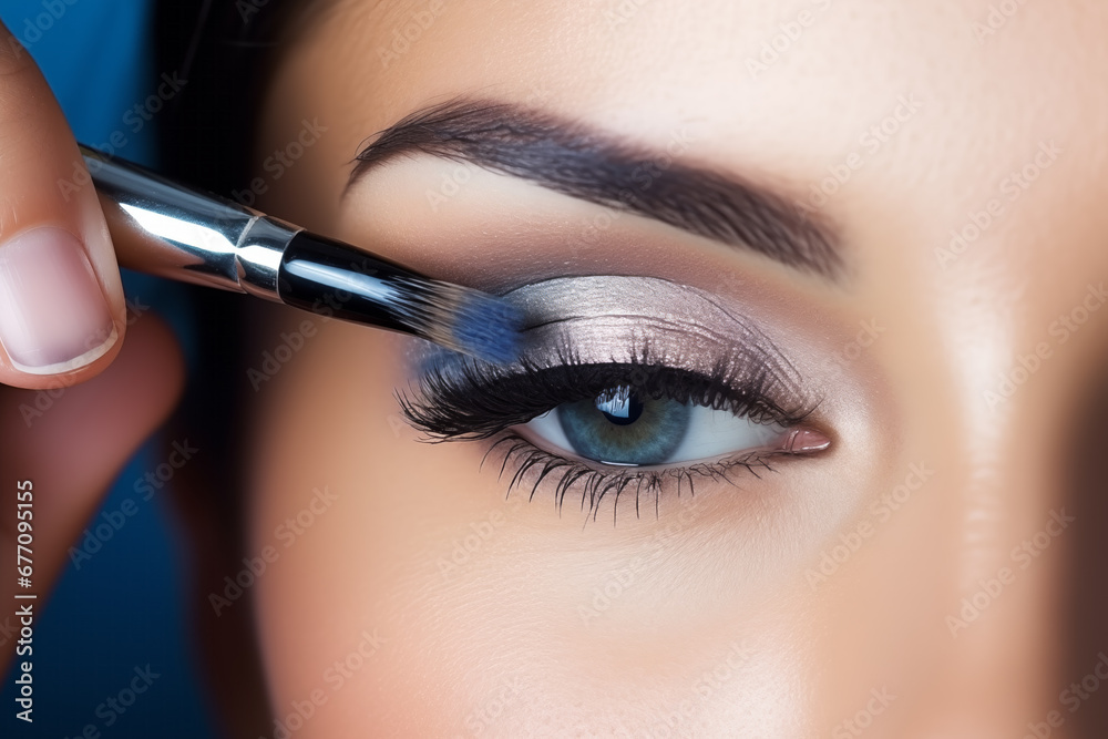 Close-up photo of a woman using a brush to apply eyeshadow. Makeup includes groomed eyebrows, false eyelashes, and colored contacts. Concept suitable for beauty and cosmetics.