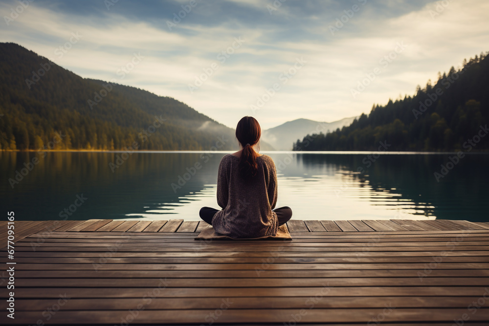 Peaceful Woman Meditating on Wooden Pier by Lakeside for Enhanced Focus and Serenity