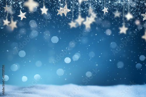 Winter Wonderland: Christmas Toys, Stars, and Snowflakes Adorning a Beautiful Blue Evening Sky A Perfect Festive Background with Copy Space © Asiri