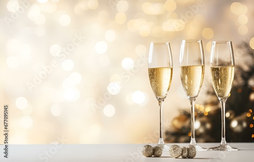 champagne flutes on white holiday table decor with bokeh background soft light for new year and christmas holiday celebration card decor