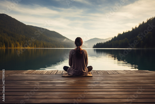 Peaceful Woman Meditating on Wooden Pier by Lakeside for Enhanced Focus and Serenity