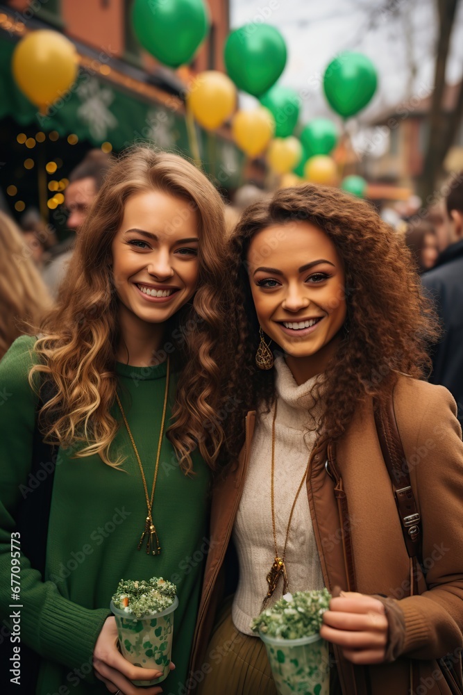 Female friends celebrating together St Patrick Day at street.