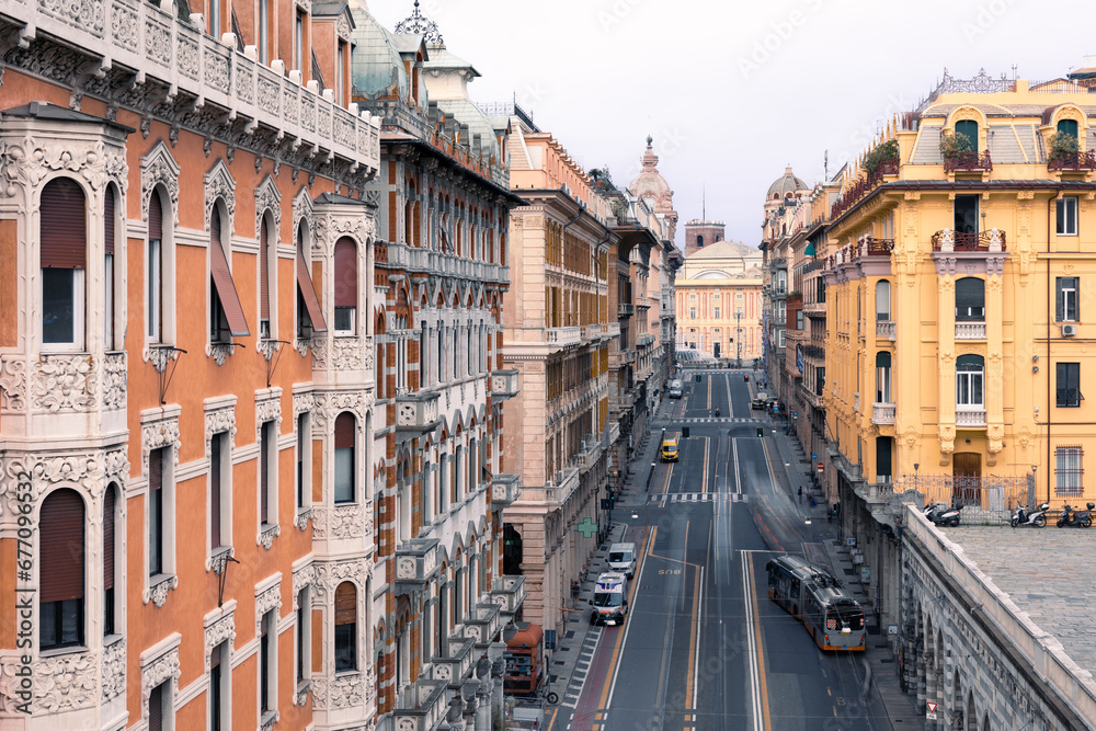 Aerial cityscape with exquisite architecture of buildings along Via XX Settembre at day, Genoa, Italy