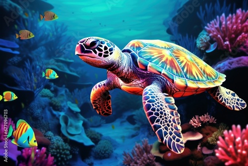 sea turtle swimming in colorful coral reef