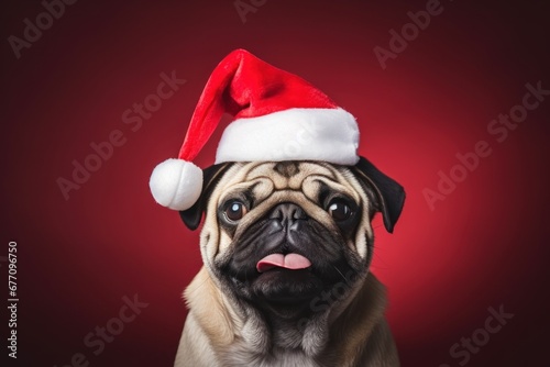 pug dog wearing santa claus hat on red background xmas fun © 7oanna