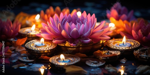 Happy Diwali Colorful clay diya lamps lit during diwali celebration. Generative AI
