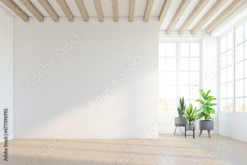 Fototapeta Naklejka Na Ścianę i Meble -  Minimalist style empty room decorated with white wall and wood slat ceiling, indoor green plants and wood floor. 3d rendering
