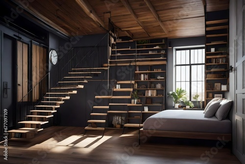 a loft bedroom with a staircase leading to a raised bed with hidden storage underneath