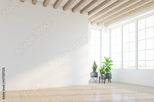 Fototapeta Naklejka Na Ścianę i Meble -  Minimalist style empty room decorated with white wall and wood slat ceiling, indoor green plants and wood floor. 3d rendering