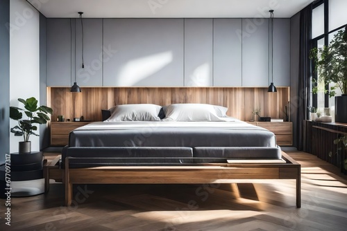 a minimalist bedroom with a platform bed and hidden storage in the bed frame
