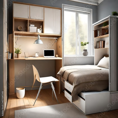 a multi-functional bedroom with a fold-down desk and hidden storage for a versatile space photo