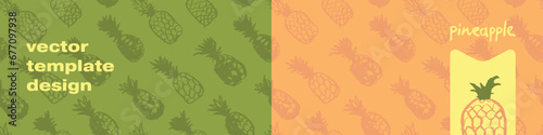 Pineapple seamless pattern with color hand drawn pineapples ornament. Healthy food idea banner template design. Organic ananas label template. Fruit and berries doodles for natural cosmetic design.