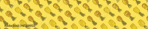 Pineapple seamless pattern with color hand drawn pineapples ornament. Healthy food idea banner template design. Organic ananas label template. Fruit and berries doodles for natural cosmetic design.