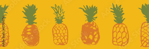 Pineapple seamless pattern with color hand drawn pineapples border. Healthy food idea banner template design. Organic ananas label template. Fruit and berries doodles for natural cosmetic design.