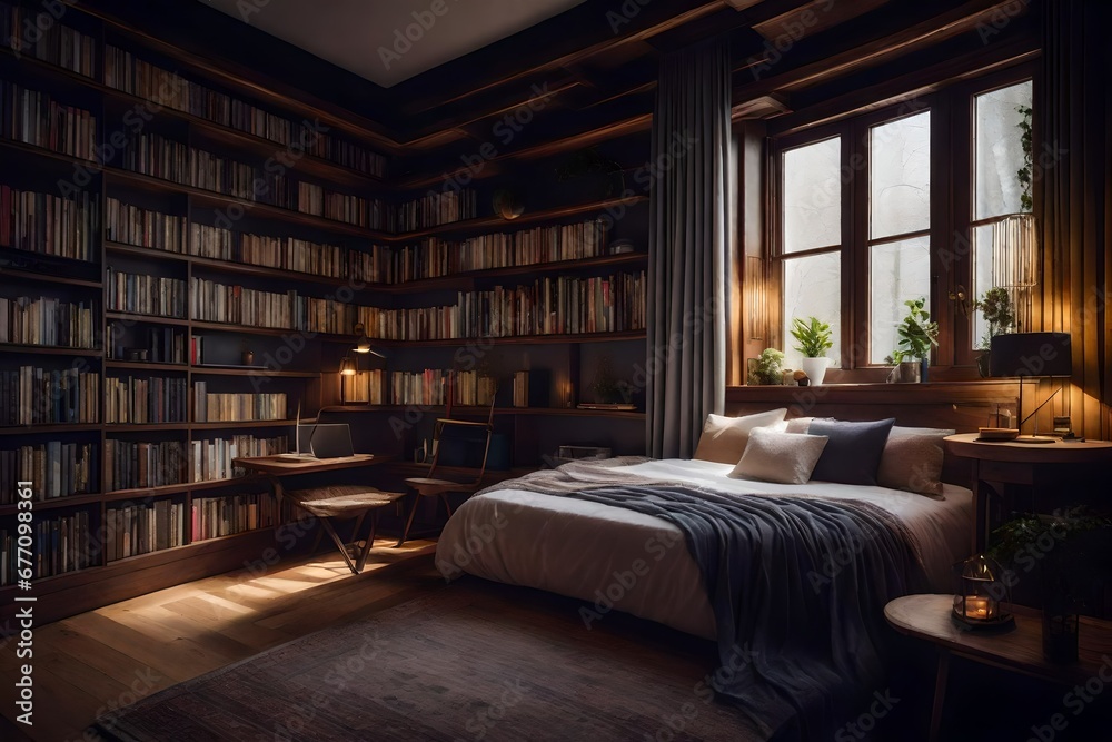 a cozy bedroom with a reading corner that has built-in shelves and hidden storage