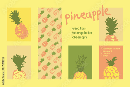 Vector template design for postcards  banner design  fruity labels  poster  branding or cosmetic badges with pineapple drawings in naive hand-drawn style. Pineapple pattern. Natural crayon textures.