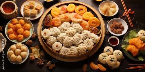 Lucky during Chinese New Year. Dishes like dumplings, spring rolls, fish, and noodles are often served for their symbolic meanings related to prosperity, wealth, and longevity
