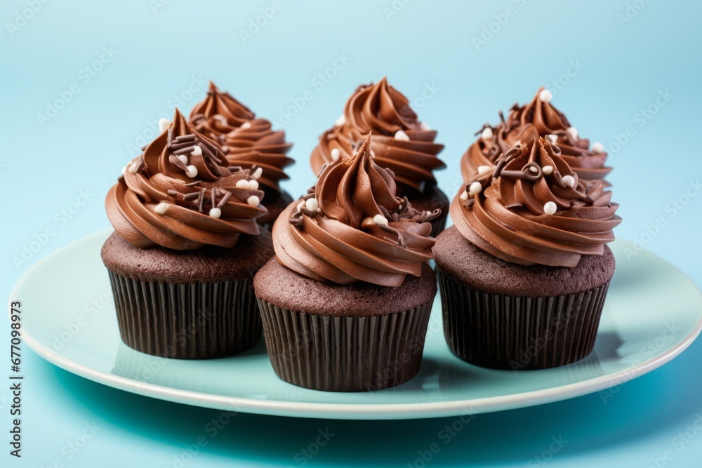 a macro photo of several chocolate muffins with whipped cocoa chocolate ganache topping and sprinkles of sweet dessert decoration on blue background