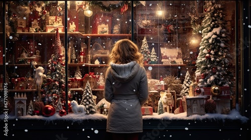 Little girl looking out of Christmas toy shop window