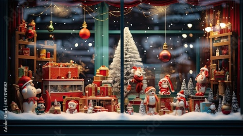 Vetrina di Natale con giocattoli per bambini, colori vivaci photo