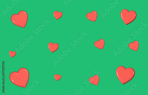 Cute background with 3D heart.Christmas background.Green wallpaper with 3D red heart.Graphic illustration backdrop.