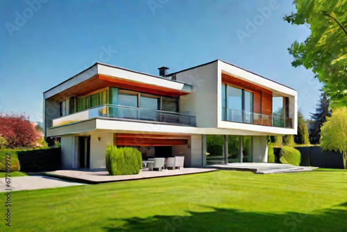 Very modern house with garden in front. Sunny day. Green lawn and trees. ai Generative 
