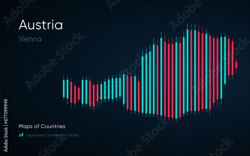 Austria map is shown in a chart with bars and lines. Japanese candlestick chart Series	