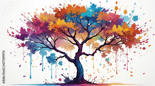 abstract colorful tree with ink splash as leaves colorful branch,white background,Generative Ai