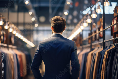 Elegant young man in a classic suit choose clothes at a rack with an assortment of classic jackets. Store formal and festive clothing suits for men. © SnowElf